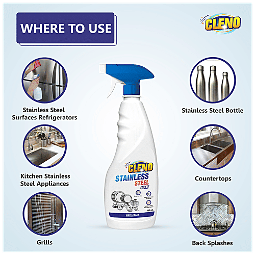 Cleno Stainless Steel Cleaner Spray - Cleans Kitchen Surfaces, Bottles, Appliances & Countertops, 450 ml