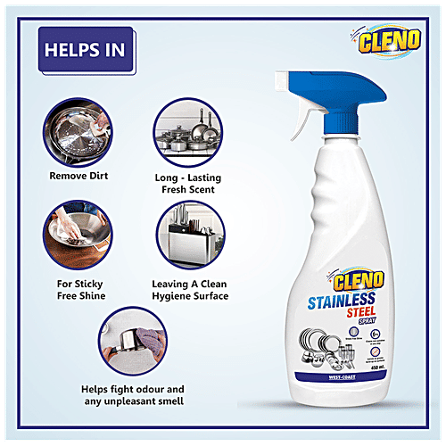 Cleno Stainless Steel Cleaner Spray - Cleans Kitchen Surfaces, Bottles, Appliances & Countertops, 450 ml