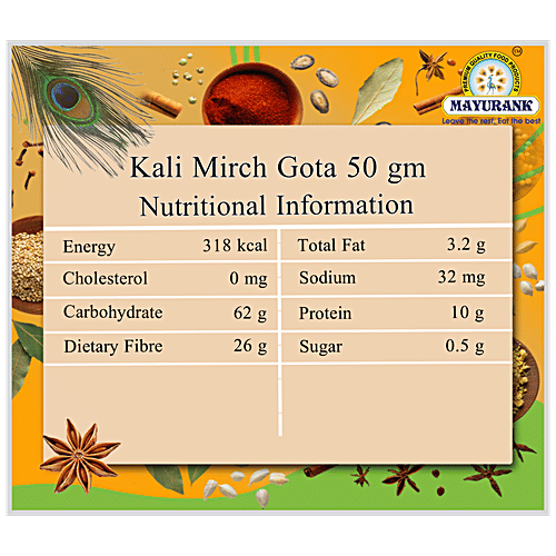 Mayurank Kali Mirch Whole/Gota - Adds Flavour, 50 g Pouch 
