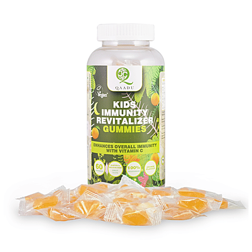 Qaadu Kids Immunity Revitaliser Gummies - Enhances Overall Immunity With Vitamin C, Orange Flavour, 60 pcs
