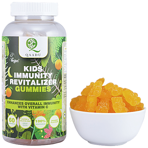 Qaadu Kids Immunity Revitaliser Gummies - Enhances Overall Immunity With Vitamin C, Orange Flavour, 60 pcs