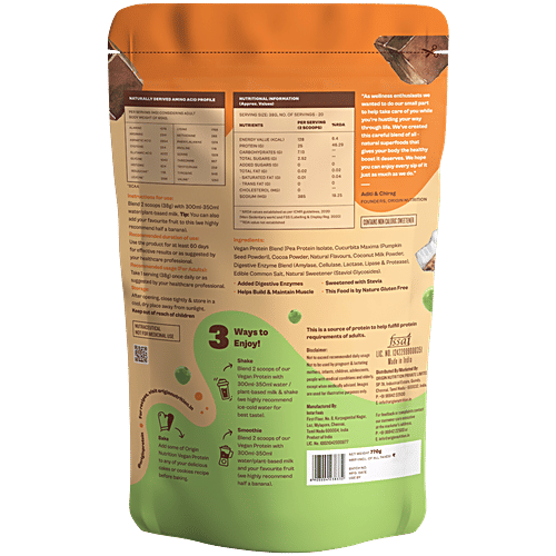 Origin Nutrition Vegan Protein Powder - Chocolate Flavour, 770 g Pouch No Added Sugar