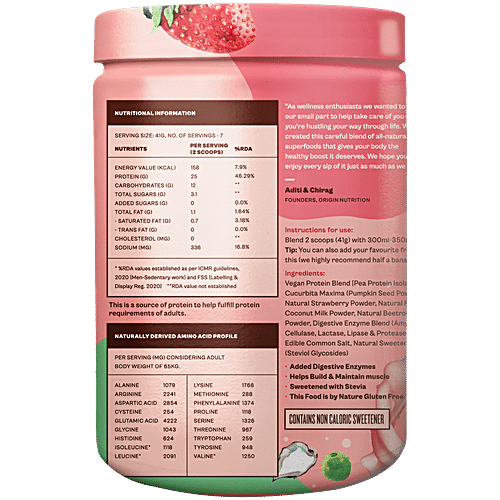 Origin Nutrition Vegan Protein Powder - Strawberry Flavour, 290 g Jar No Added Sugar