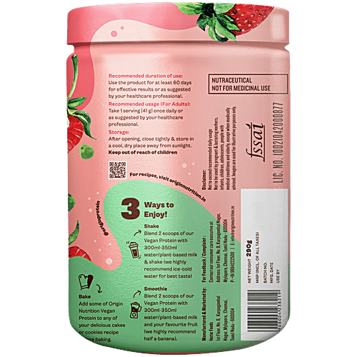 Origin Nutrition Vegan Protein Powder - Strawberry Flavour, 290 g Jar No Added Sugar
