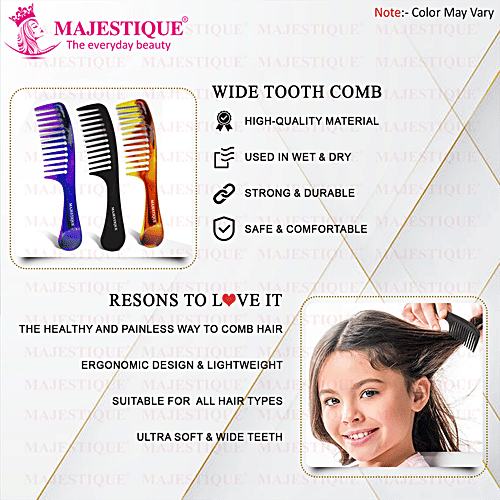 Majestique Hair Detangling Comb With Handle - Round Teeth, Sturdy Design, HR 112, 1 pc