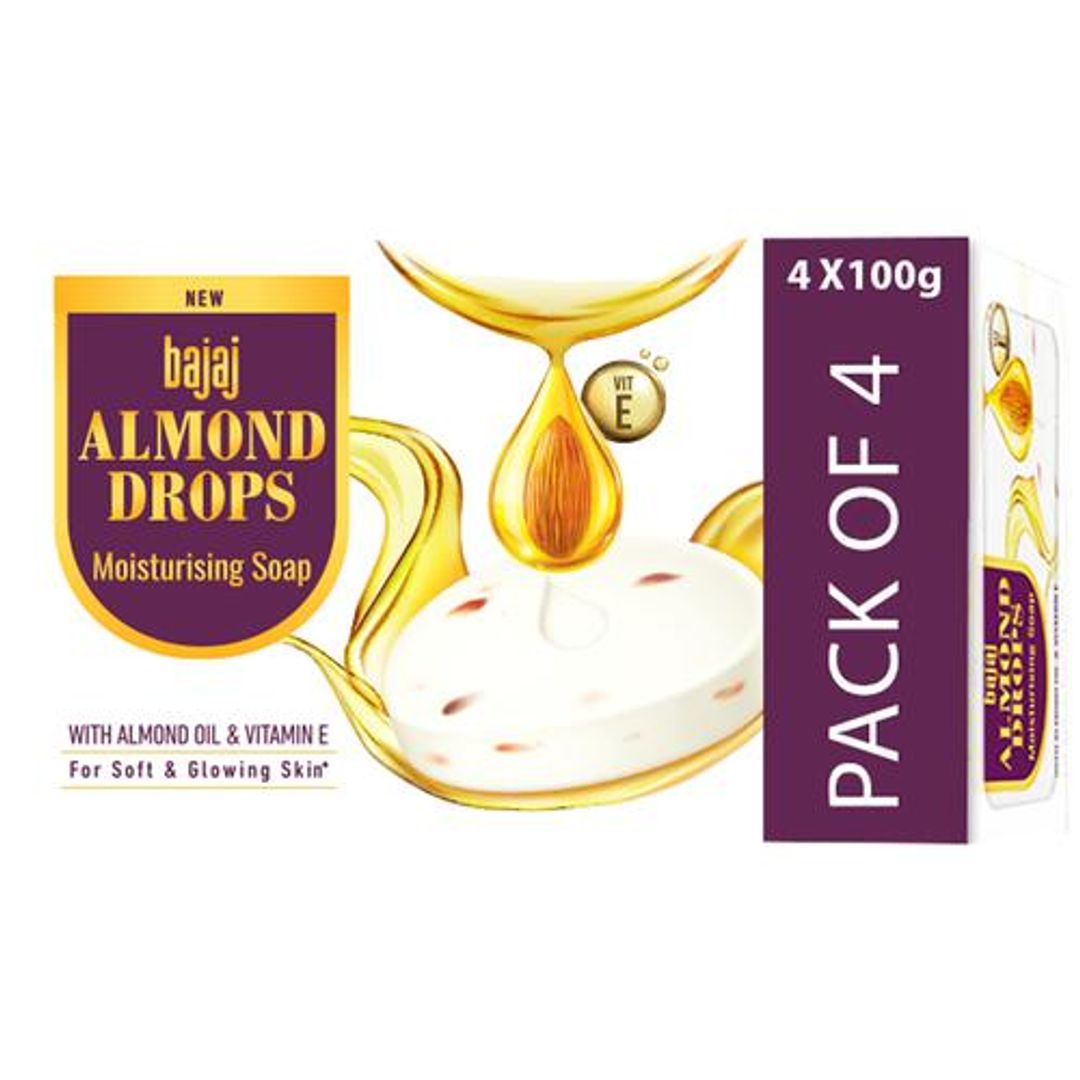 Bajaj Almond Drops Moisturising Soap - Almond Oil & Vitamin E, For Soft & Glowing Skin, 100 g (Pack of 4)
