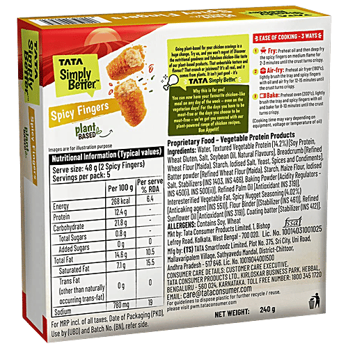 Tata Simply Better Plant-Based Chicken Spicy Fingers - Tastes Just Like Chicken, 10 Pieces, 240 g  