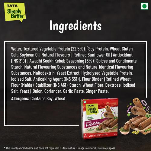 Tata Simply Better Plant-Based Chicken Awadhi Seekh Kebab - Tastes Just Like Chicken, 5 Pieces, 200 g  