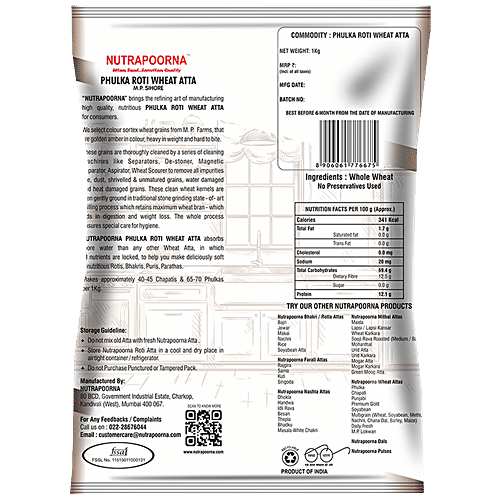 Nutrapoorna Phulka Roti Wheat Atta - Premium, Fresh, Rich In Nutrients, No Preservatives, 1 kg Pouch 