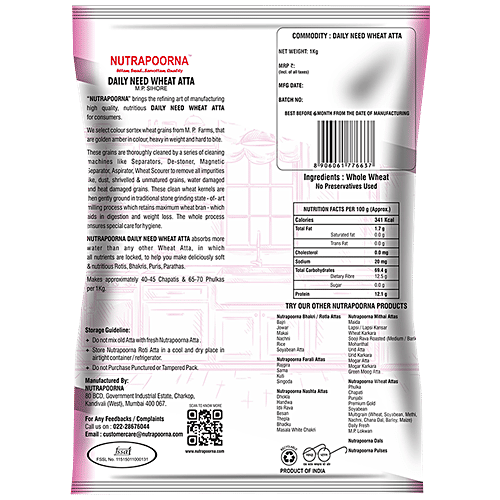 Nutrapoorna Daily Need Wheat Atta - Premium, Fresh, Helps In Digestion, No Preservatives, 1 kg Pouch