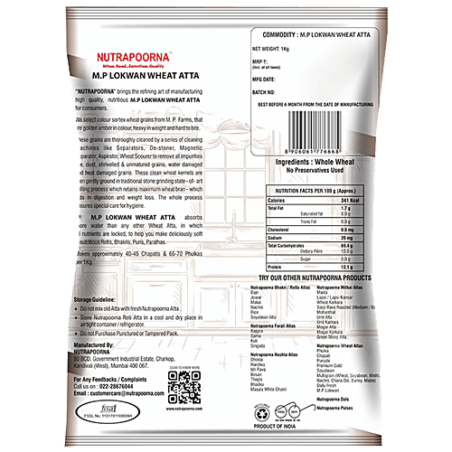 Nutrapoorna M.P Lokwan Wheat Atta - Premium, Fresh, Rich In Nutrients, No Preservatives, 1 kg Pouch 