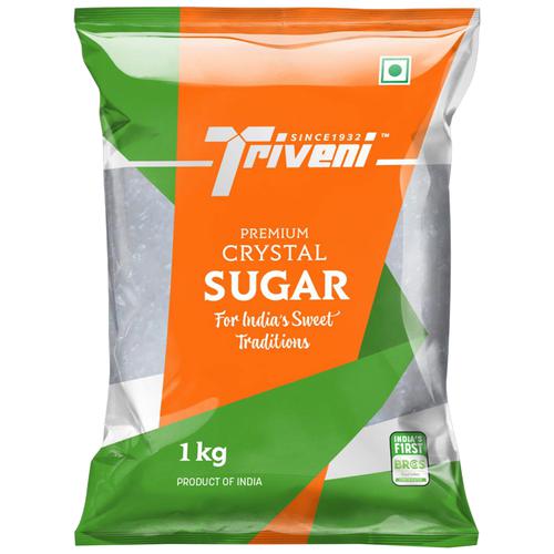 Triveni Premium Crystal Sugar - White, High Quality, Sulphur Free, 1 kg Pouch 