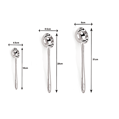 Petals Stainless Steel Soup/Sambar Spoon - 16, 26, 31 cms, For Cooking, Serving, Sturdy, 3 pcs