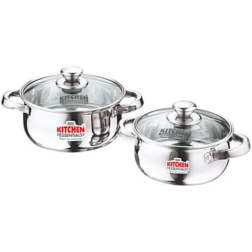 Kitchen Essentials Belly Cook N Serve Set - Stainless Steel Casserole, With Glass Lid, 14 Cm & 16 Cm, High Durable, 2 pcs (1 L & 1.5 L) 