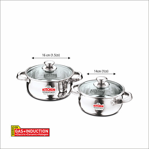 Kitchen Essentials Belly Cook N Serve Set - Stainless Steel Casserole, With Glass Lid, 14 Cm & 16 Cm, High Durable, 2 pcs (1 L & 1.5 L) 