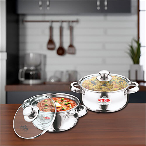 Kitchen Essentials Belly Cook N Serve Set - Stainless Steel Casserole, With Glass Lid, 14 Cm & 16 Cm, High Durable, 2 pcs (1 L & 1.5 L) 