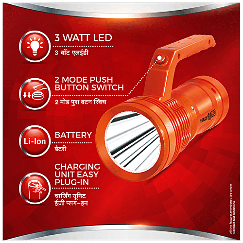 Eveready Marshal Rechargeable LED Torch - 3W, DL96, With 3.5 km Intense White Light Range, 4 Hrs Lighting Backup, 1 pc  