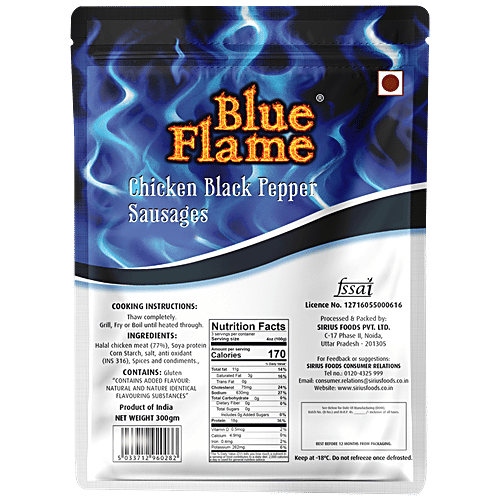 Blue Flame  Chicken Black Pepper Sausages - Halal, Rich In Iron, Easy To Make, 300 g (10 pcs) 