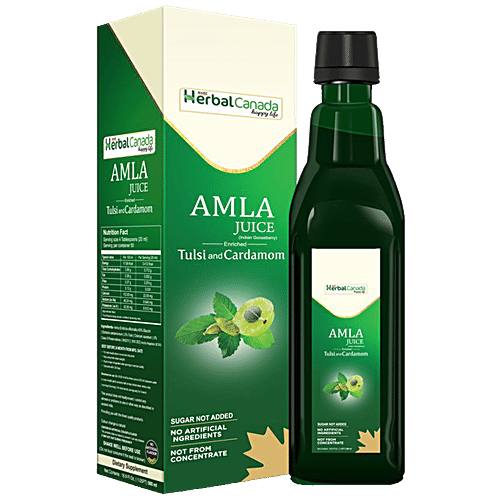Herbal Canada Amla Juice With Tulsi & Cardamom - Rich In Vitamins, No Sugar, Good For Skin, 500 ml  