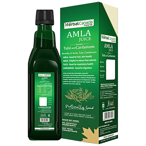 Herbal Canada Amla Juice With Tulsi & Cardamom - Rich In Vitamins, No Sugar, Good For Skin, 500 ml  