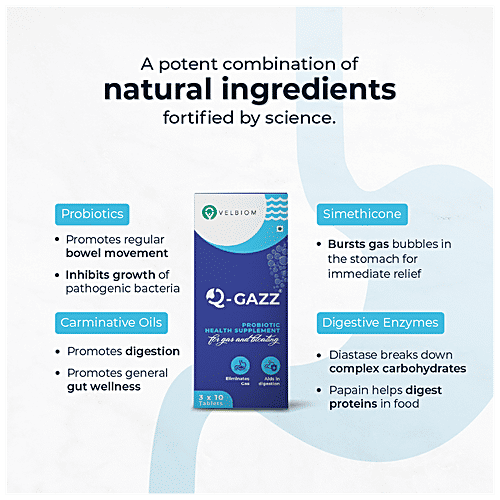 Velbiom Velbiom Q-Gazz Probiotic Supplement Tablet - Reduces Gas & Bloating, Aids In Digestion, 30 pcs  