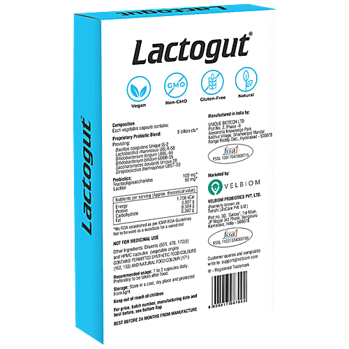 Velbiom Lactogut Pre & Probiotic Supplement Capsule - For Acute & Severe Digestive Issues, Boosts Immunity, 30 pcs  