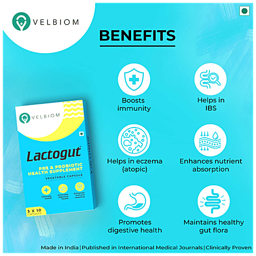 Velbiom Lactogut Pre & Probiotic Supplement Capsule - For Acute & Severe Digestive Issues, Boosts Immunity, 30 pcs  