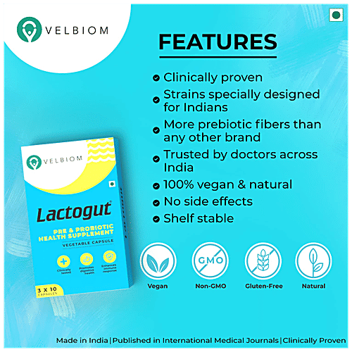 Velbiom Lactogut Pre & Probiotic Supplement Capsule - For Acute & Severe Digestive Issues, Boosts Immunity, 30 pcs  