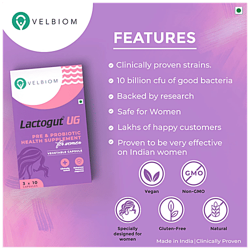 Velbiom Lactogut UG Pre & Probiotic Supplement Capsule - For Women, Prevents UTI & Recurrence, 30 pcs  