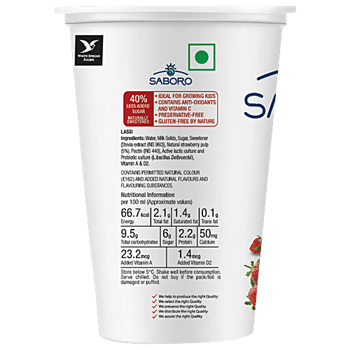SABORO Healthy Lassi With 100% Natural Fruit Pulp - Fresh Strawberry, No Preservatives, 200 ml Cup 