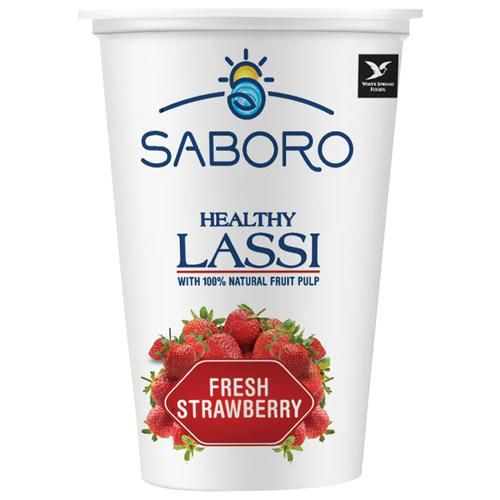 SABORO Healthy Lassi With 100% Natural Fruit Pulp - Fresh Strawberry, No Preservatives, 200 ml Cup 