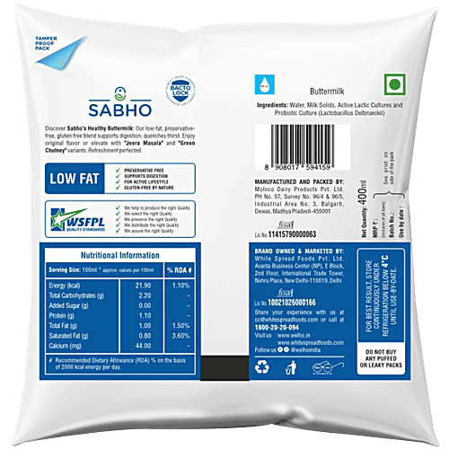 Sabho Buttermilk, 400 ml Pouch Original, Low in Fat, Preservative Free, Supports Digestion