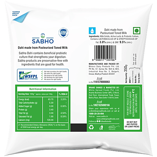 Sabho Healthy Curd/Dahi - Rich In Protein, Probiotic, Thick, No Preservatives, 350 g Pouch 