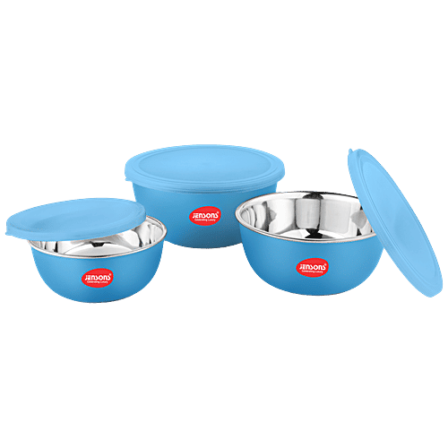 Jensons Flora Microwave Bowl Set - Blue, Stainless Steel, Food Grade, Dishwasher Safe, Airtight, BPA Free, 3 pcs (600 ml + 800 ml + 1300 ml) 