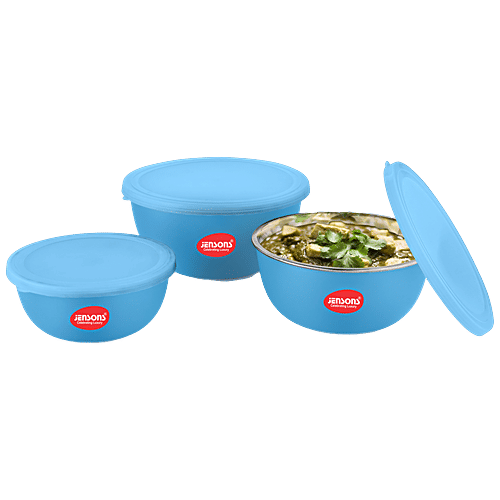 Jensons Flora Microwave Bowl Set - Blue, Stainless Steel, Food Grade, Dishwasher Safe, Airtight, BPA Free, 3 pcs (600 ml + 800 ml + 1300 ml) 