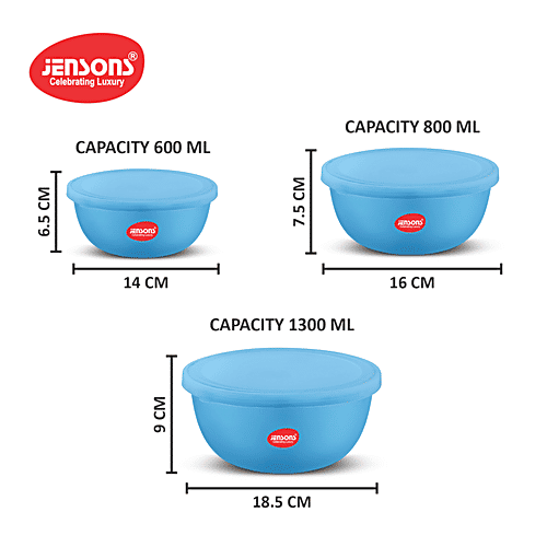 Jensons Flora Microwave Bowl Set - Blue, Stainless Steel, Food Grade, Dishwasher Safe, Airtight, BPA Free, 3 pcs (600 ml + 800 ml + 1300 ml) 