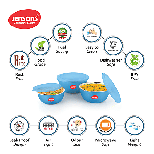 Jensons Flora Microwave Bowl Set - Blue, Stainless Steel, Food Grade, Dishwasher Safe, Airtight, BPA Free, 3 pcs (600 ml + 800 ml + 1300 ml) 