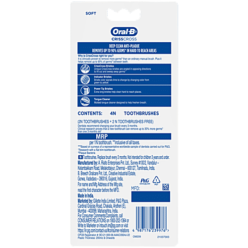 Oral-B Criss Cross Toothbrush - Soft, Anti-Plaque, Removes Up To 90% Germs, Family Pack, 4 pcs  