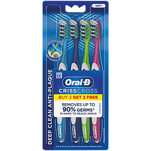Oral-B Criss Cross Toothbrush - Soft, Anti-Plaque, Removes Up To 90% Germs, Family Pack, 4 pcs  