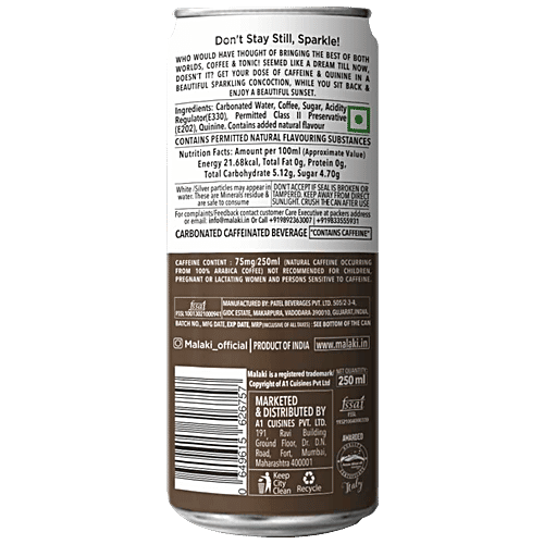 Malaki Coffee Tonic - Classic, Cold Brew, Refreshing, Hydrating, 250 ml Can 