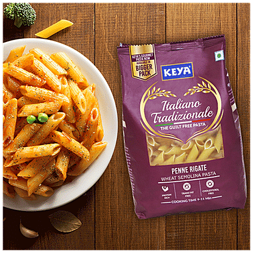 Keya Penne Rigate Wheat Semolina Pasta - Rich In Protein, Cholesterol Free, 1 kg Pouch