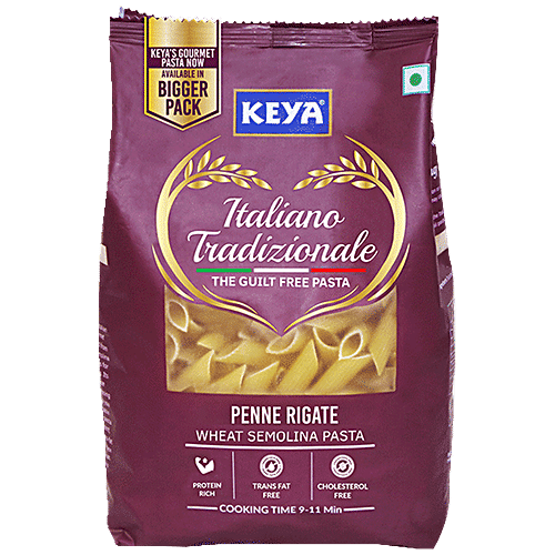 Keya Penne Rigate Wheat Semolina Pasta - Rich In Protein, Cholesterol Free, 1 kg Pouch