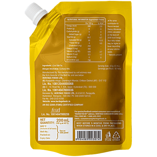 Heritage Cow Ghee - Rich In Vitamins, Minerals, Healthy & Taste, 200 ml Pouch 
