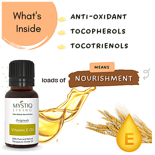 Mystiq Living Originals Vitamin E Oil, Plant Based - 100% Pure & Natural, Suitable For Hair & Skin, 15 ml