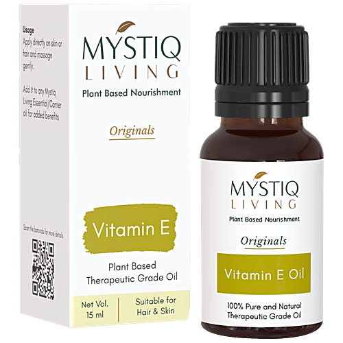 Mystiq Living Originals Vitamin E Oil, Plant Based - 100% Pure & Natural, Suitable For Hair & Skin, 15 ml