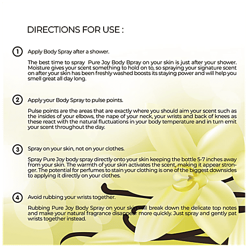 Crazy Owl Pure Joy Vanilla Body Spray - Floral Fragrance, Cheerfulness & Liveliness, Essential Oils That Gives Pure Joy, Perfect For Daily Use, 100 ml  