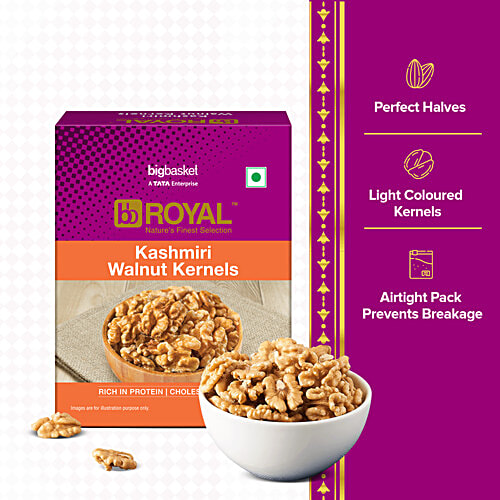 bb Royal Kashmiri Walnuts Premium Kernel - Whole, Rich In Fibre, Protein, Zero Cholesterol, 200 g Airtight Pack. Freshness Locked 