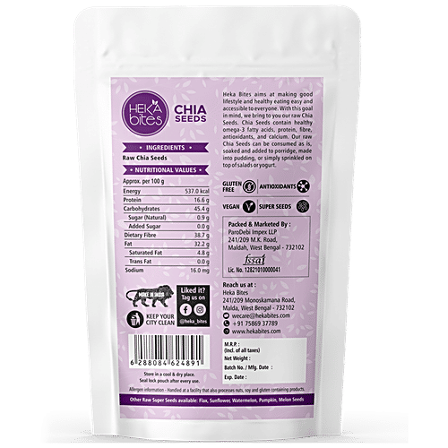 Heka Bites Raw Chia Seeds - Premium, Vegan, Source Of Omega-3 & Calcium, Gluten Free, 250 g  