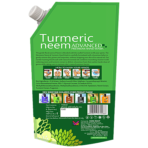 Skinstone Premium Neem & Turmeric Hand Wash - Refreshing, Removes Impurities, 750 ml