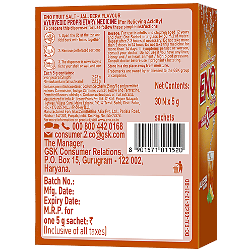 Eno  Digestive Anatacid - Jaljeera Flavour, Fruit Salt, Fast Relief From Acidity, 5 g (30 Sachets) 